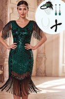 Laden Sie das Bild in den Galerie-Viewer, Dunkelgrünes V-Ausschnitt Pailletten Fransen Bodycon Midi 20er Jahre Kleid mit vierteiligem Accessoire-Set