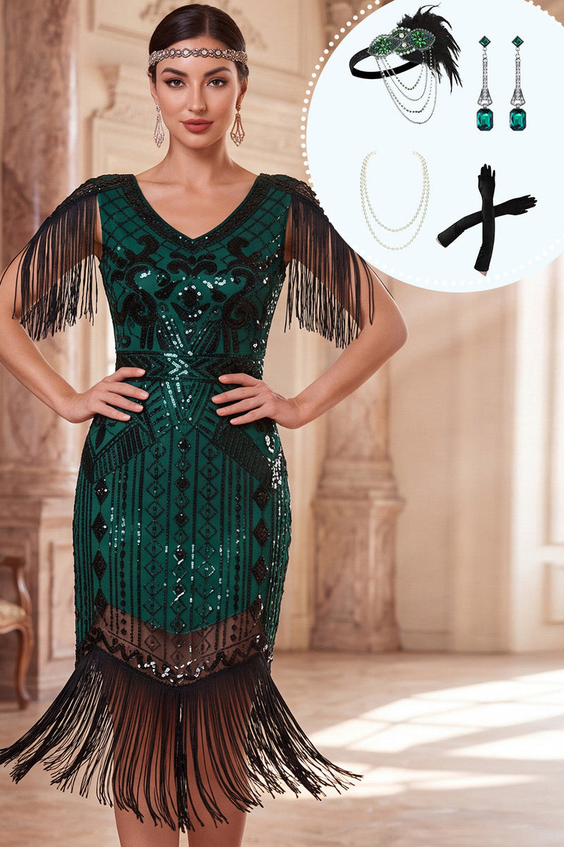 Laden Sie das Bild in den Galerie-Viewer, Dunkelgrünes V-Ausschnitt Pailletten Fransen Bodycon Midi 20er Jahre Kleid mit vierteiligem Accessoire-Set