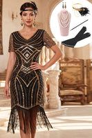 Laden Sie das Bild in den Galerie-Viewer, Schwarzes goldenes V-Ausschnitt-Pailletten-Fransen-Bodycon-Midi-Kleid der 1920er Jahre mit vierteiligen Accessoire-Set