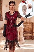 Laden Sie das Bild in den Galerie-Viewer, Schwarzes, rotes V-Ausschnitt-Pailletten-Fransen-Kleid aus den 1920er Jahren mit vierteiligen Accessoires