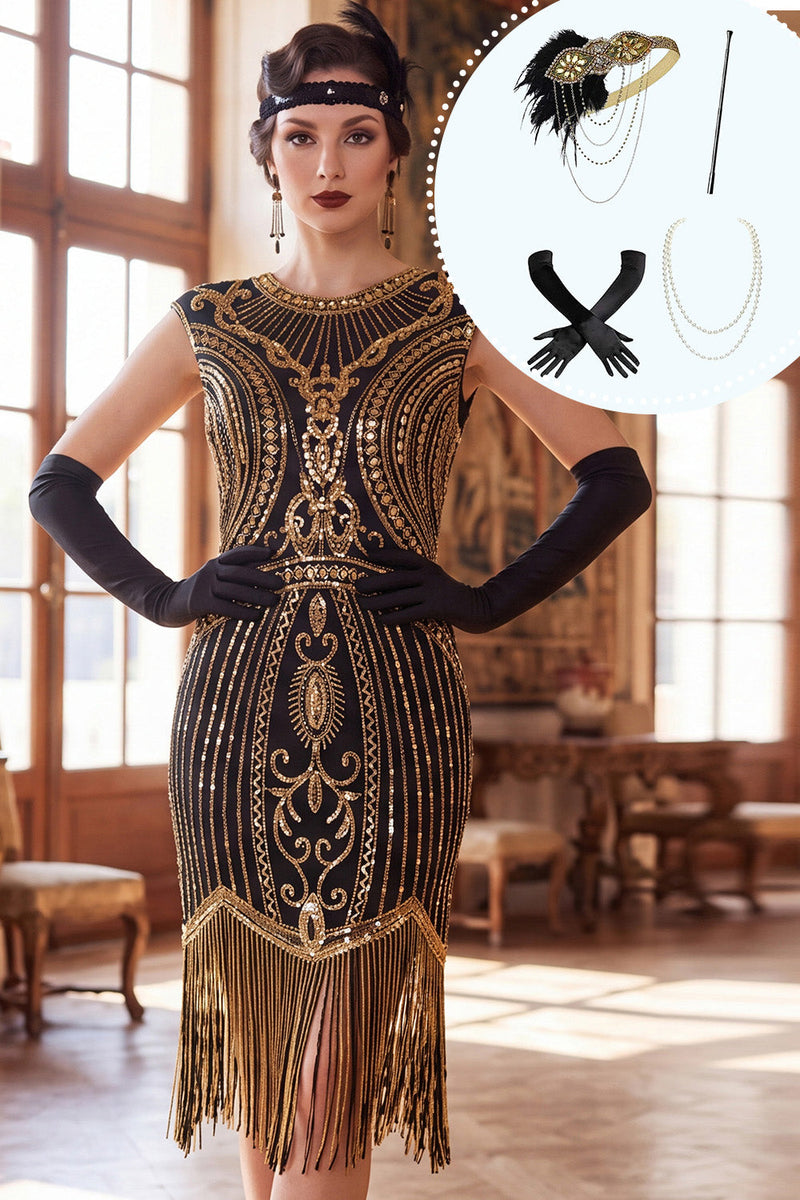 Laden Sie das Bild in den Galerie-Viewer, Schwarzes, goldenes, rundhalsiges Pailletten, fransige Ärmel, Midi-Kleid der 1920er Jahre mit vierteiligem Accessoire-Set