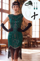 Laden Sie das Bild in den Galerie-Viewer, Bodycon Dunkelgrün Rundhals-Pailletten, fransige Ärmel, Midi-Kleid der 1920er Jahre mit vierteiligem Accessoire-Set