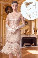 Laden Sie das Bild in den Galerie-Viewer, Aprikosen-V-Ausschnitt Pailletten mit Fransen Bodycon Midi-Kleid aus den 1920er Jahren mit fünfteiligen Accessoires-Set