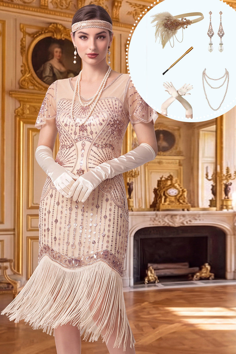 Laden Sie das Bild in den Galerie-Viewer, Aprikosen-V-Ausschnitt Pailletten mit Fransen Bodycon Midi-Kleid aus den 1920er Jahren mit fünfteiligen Accessoires-Set