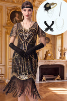 Laden Sie das Bild in den Galerie-Viewer, Schwarzes goldenes V-Ausschnitt-Pailletten-Bodycon-Fransen-Kleid aus den 1920er Jahren mit vierteiligen Accessoires Set