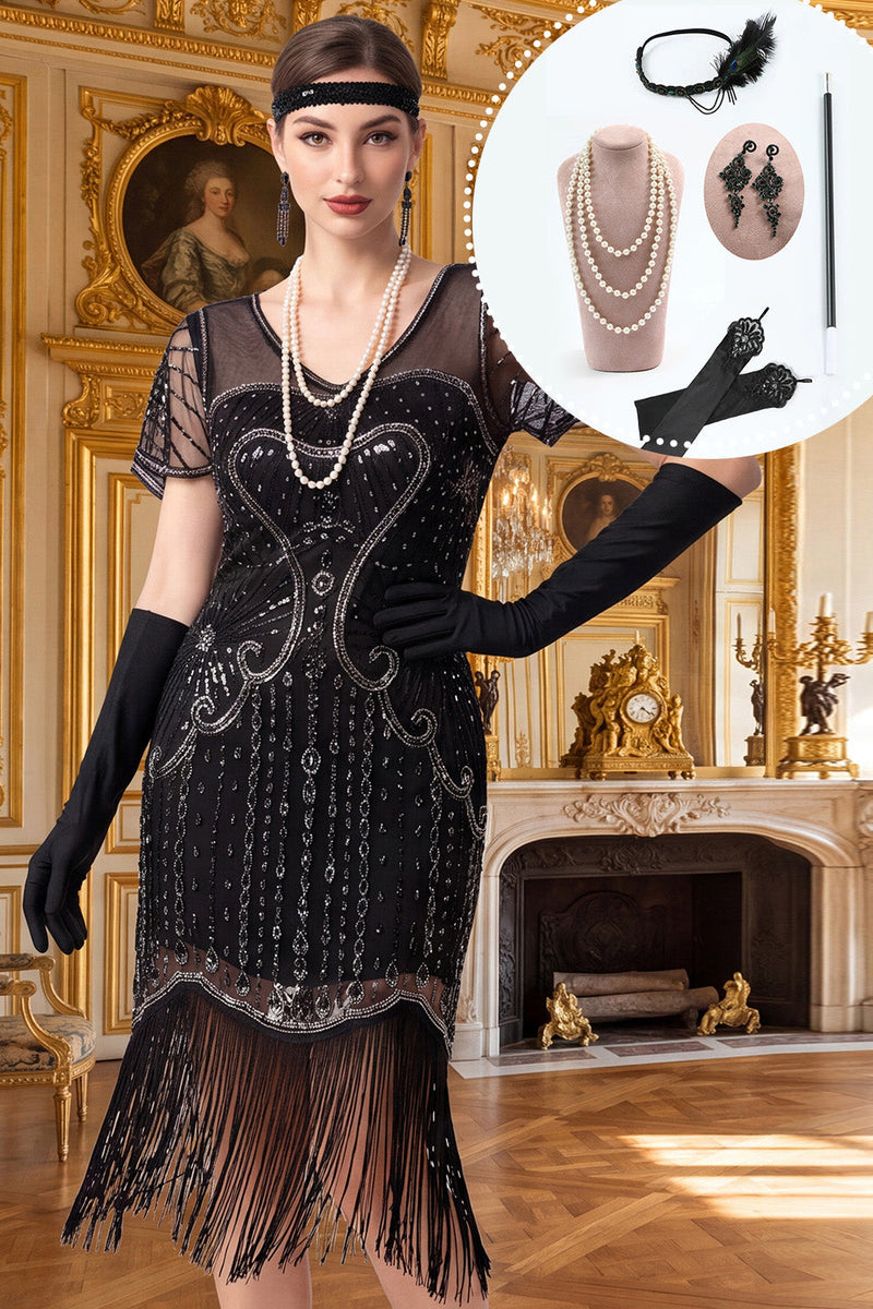 Laden Sie das Bild in den Galerie-Viewer, Schwarzes silbernes V-Ausschnitt mit Paillettenfransen Bodycon Midi-Kleid aus den 1920er Jahren mit fünfteiligen Accessoires-Set
