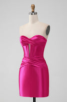 Laden Sie das Bild in den Galerie-Viewer, Fuchsia Bodycon Herzausschnitt Satin Korsett Kurzes Abiballkleid