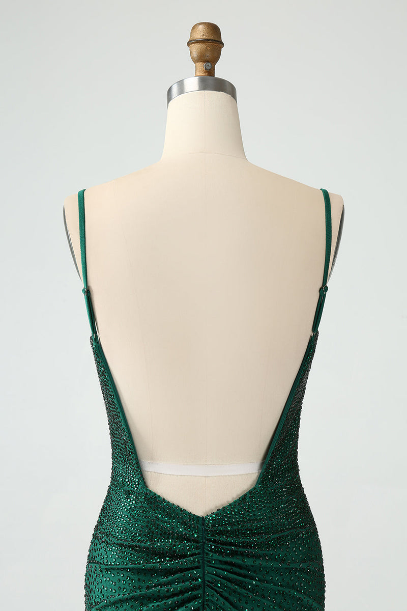 Laden Sie das Bild in den Galerie-Viewer, Dunkelgrünes figurbetontes Spagehtti-Träger Rückenfreies Abiballkleid mit Perlenstickerei
