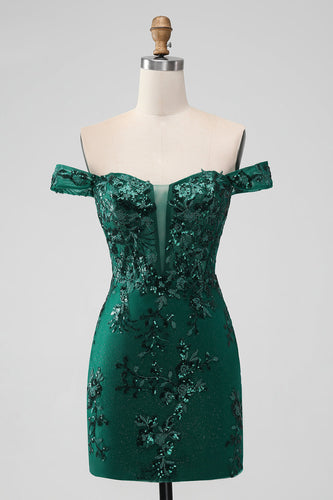 Glitzerndes dunkelgrünes schulterfreies kurzes Homecoming-Kleid mit Pailletten