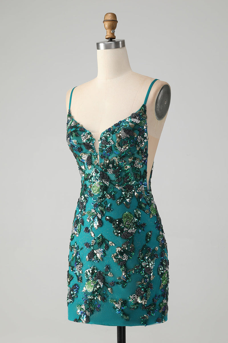 Laden Sie das Bild in den Galerie-Viewer, Glitzerndes dunkelgrünes perlenbesetztes Pailletten Bodycon Abiballkleid mit Schnürung