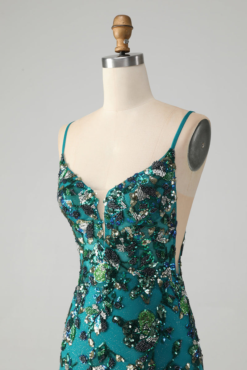 Laden Sie das Bild in den Galerie-Viewer, Glitzerndes dunkelgrünes perlenbesetztes Pailletten Bodycon Abiballkleid mit Schnürung