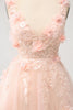 Laden Sie das Bild in den Galerie-Viewer, Glitzerndes Blush A Linie V-Ausschnitt Pailletten Kurzes Cocktailkleid mit 3D-Blumen