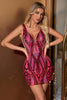 Laden Sie das Bild in den Galerie-Viewer, Glitzer Fuchsia Bodycon V-Ausschnitt Rückenfreies kurzes Abiballkleid mit Pailletten