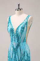 Laden Sie das Bild in den Galerie-Viewer, Glitzerndes blaues enges Kurzes Abiballkleid mit V-Ausschnitt und Pailletten