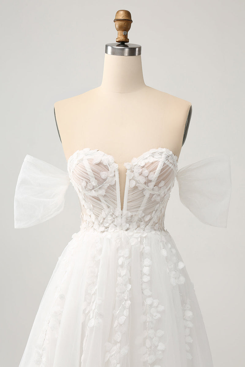 Laden Sie das Bild in den Galerie-Viewer, Prinzessin Schulterfreies Pinsel Schleppe Tüll Korsett Brautkleid mit Applikationen