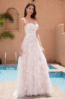 Laden Sie das Bild in den Galerie-Viewer, Weißes A Linie Herzauschnitt Sweep Schleppe Korsett Rüschen Brautkleid mit applizierter Spitze