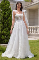 Laden Sie das Bild in den Galerie-Viewer, Prinzessin Weißes A-Linie Brautkleid aus Tüll und Spitze mit Schnürung