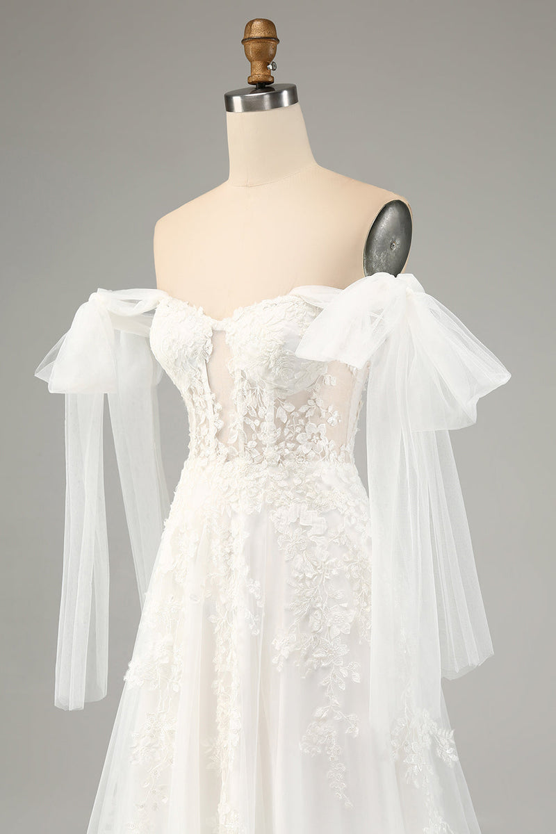 Laden Sie das Bild in den Galerie-Viewer, Prinzessin Weißes A-Linie Tüll korsett Spitze Brautkleid mit Schnürung