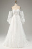 Laden Sie das Bild in den Galerie-Viewer, Weißes A-Linie Tüll Brautkleid mit langen Ärmeln und Applikationen Spitze