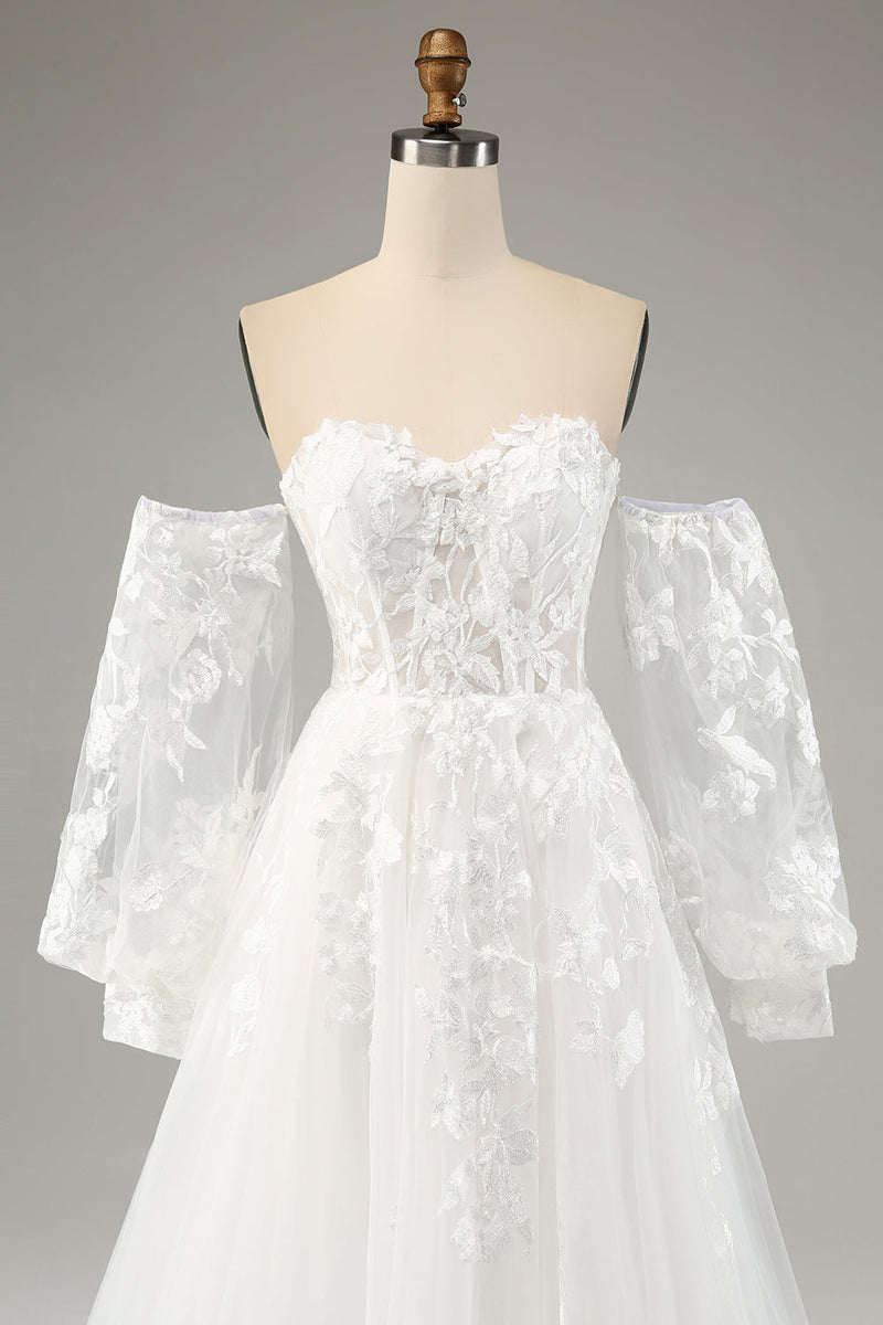 Laden Sie das Bild in den Galerie-Viewer, Weißes A-Linie Tüll Brautkleid mit langen Ärmeln und Applikationen Spitze