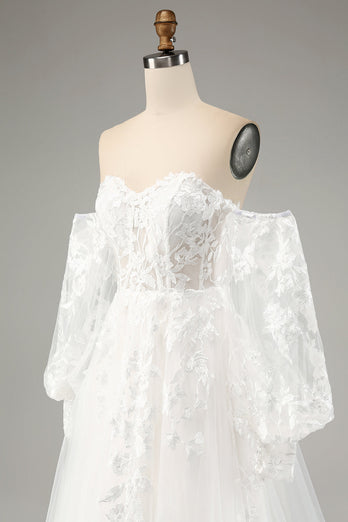 Weißes A-Linie Tüll Brautkleid mit langen Ärmeln und Applikationen Spitze
