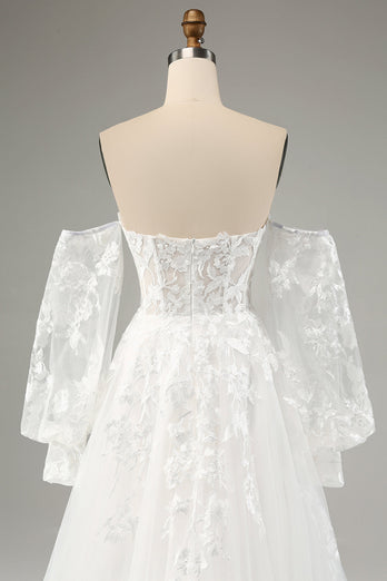 Weißes A-Linie Tüll Brautkleid mit langen Ärmeln und Applikationen Spitze