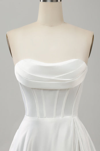 Elegantes A-Linie weißes trägerloses Brautkleid mit Schlitz