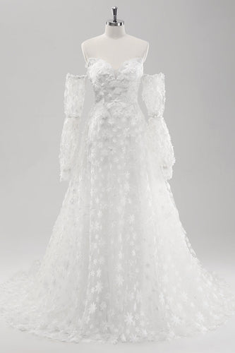 Weißes A-Linie Herzausschnitt Brautkleid aus Spitze mit Applikation und abnehmbaren Ärmeln
