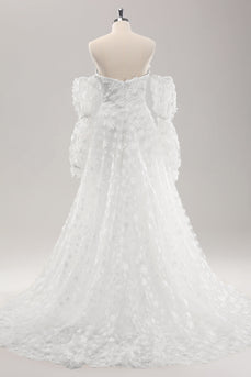 Weißes A-Linie Herzausschnitt Brautkleid aus Spitze mit Applikation und abnehmbaren Ärmeln