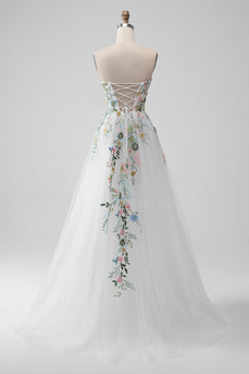 Weißes trägerloses 3D-Blumen Tüll Brautkleid mit Schlitz
