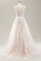 Laden Sie das Bild in den Galerie-Viewer, Weißes schulterfreies Brautkleid aus Tüll mit Applikation und Spitze