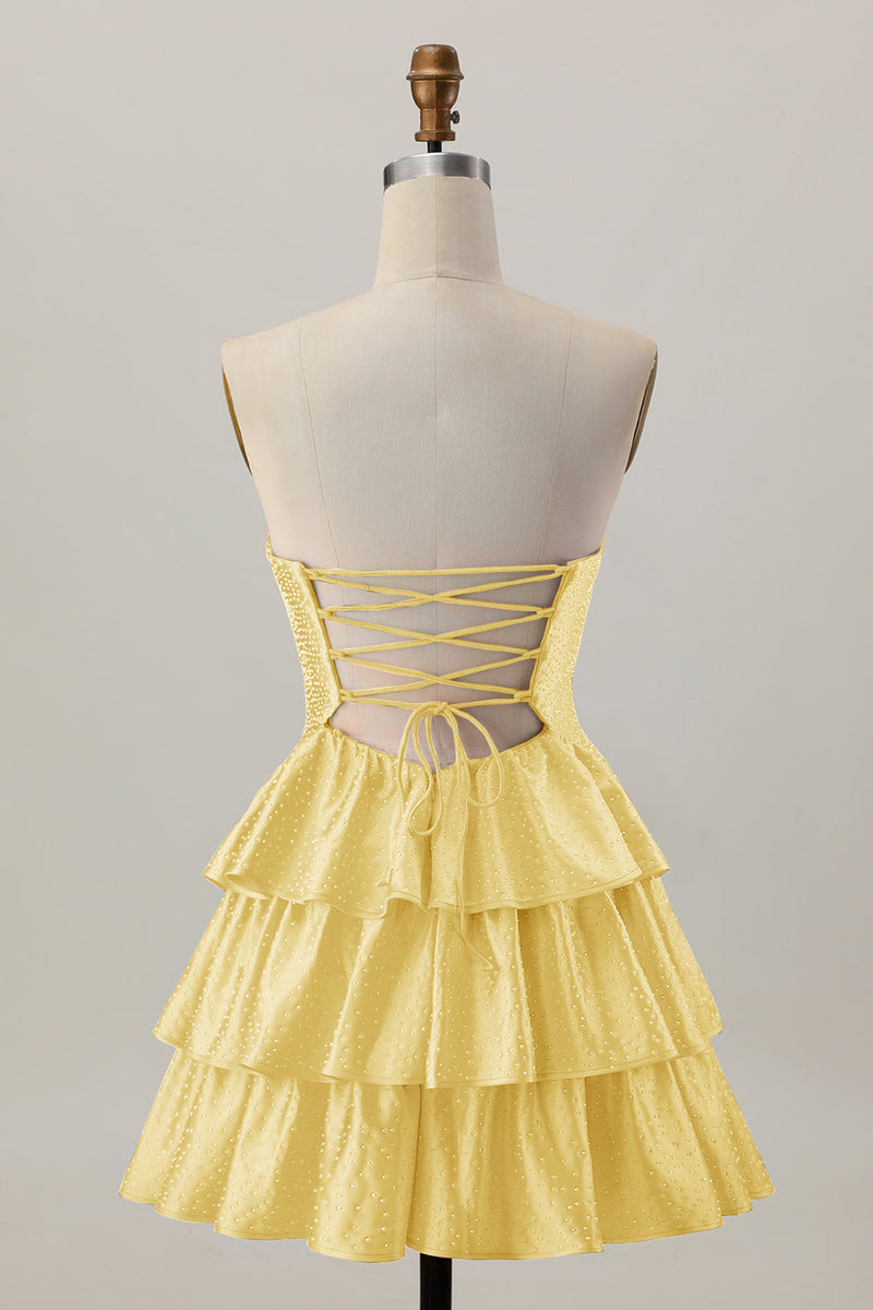 Laden Sie das Bild in den Galerie-Viewer, Orange A-Linie Trägerloses Gestuftes Abiballkleid mit Perlenstickerei