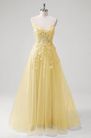 Laden Sie das Bild in den Galerie-Viewer, A-Linie Tüll Spaghettiträger Korsett Applikation Blaues Ballkleid mit Schlitz