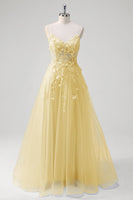 Laden Sie das Bild in den Galerie-Viewer, Blaues Langes A-Linie Korsett Tüll Ballkleid mit Spaghettiträgern und Applikationen