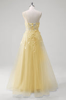 Laden Sie das Bild in den Galerie-Viewer, Blaues Langes A-Linie Korsett Tüll Ballkleid mit Spaghettiträgern und Applikationen