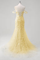 Laden Sie das Bild in den Galerie-Viewer, Blaues Meerjungfrau Schulterfreies Pailletten Korsett Ballkleid mit Blumenmuster