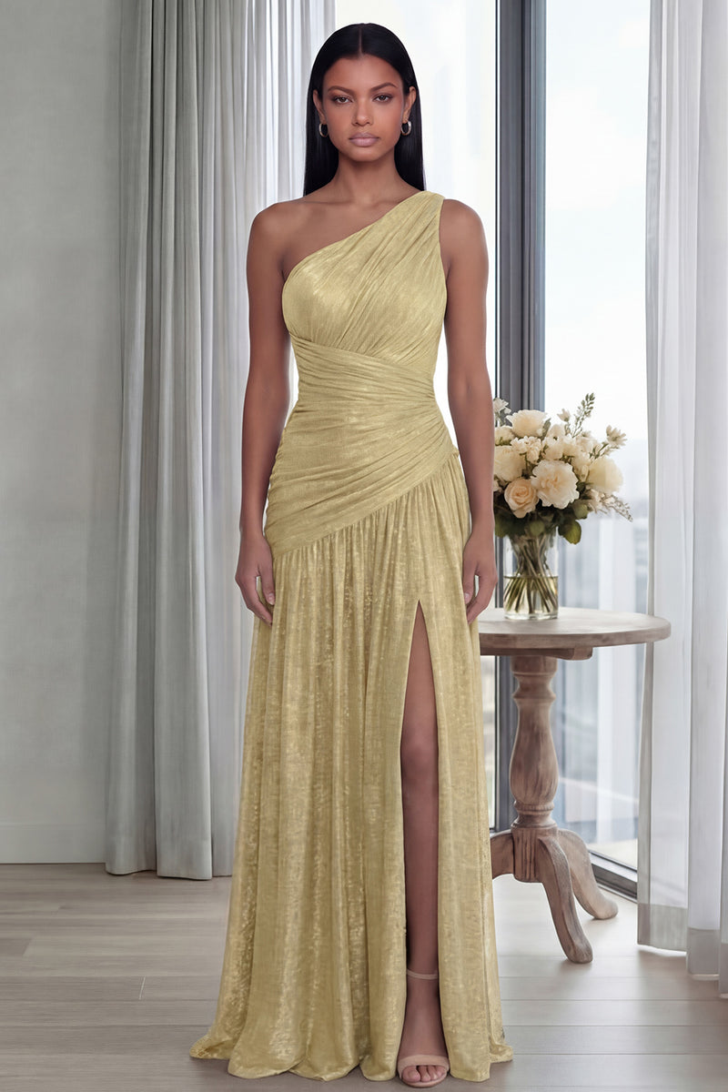 Laden Sie das Bild in den Galerie-Viewer, Golden Einschulteriges Falten Langes Festkleid mit Schlitz
