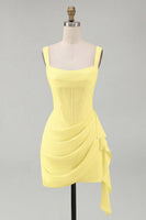 Laden Sie das Bild in den Galerie-Viewer, Tüll Elfenbein Korsett Quadratischer Ausschnitt Gerafftes Bodycon Mini Standesamt Kleid mit Rüschen