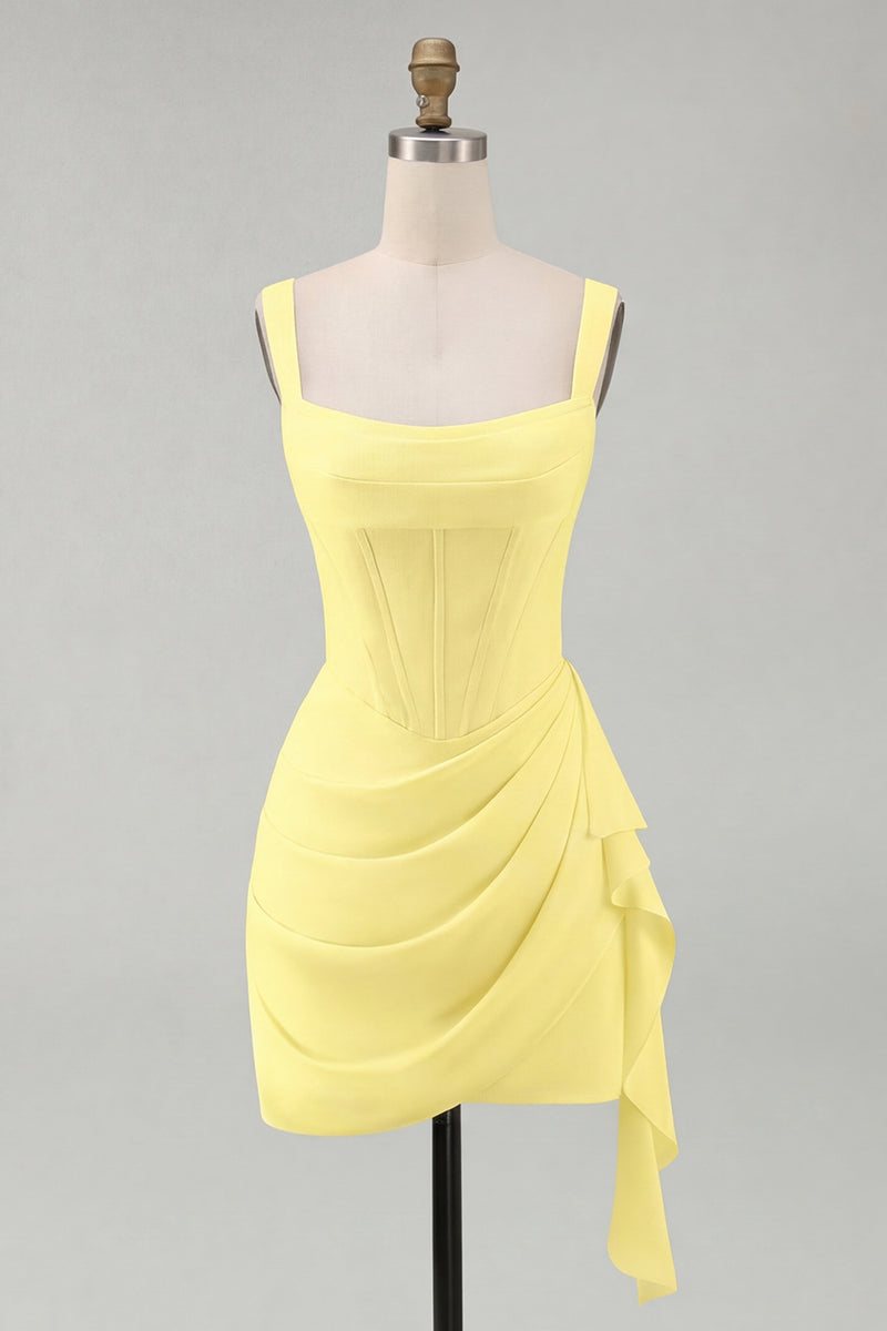 Laden Sie das Bild in den Galerie-Viewer, Tüll Elfenbein Korsett Quadratischer Ausschnitt Gerafftes Bodycon Mini Standesamt Kleid mit Rüschen