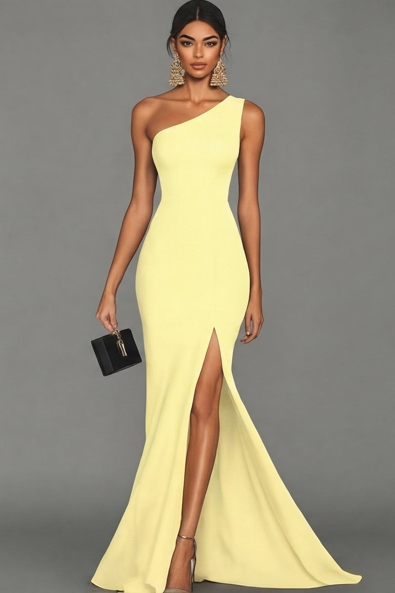 Laden Sie das Bild in den Galerie-Viewer, Meerjungfrau Schwarzes formelles One-Shoulder-Kleid mit Schlitz