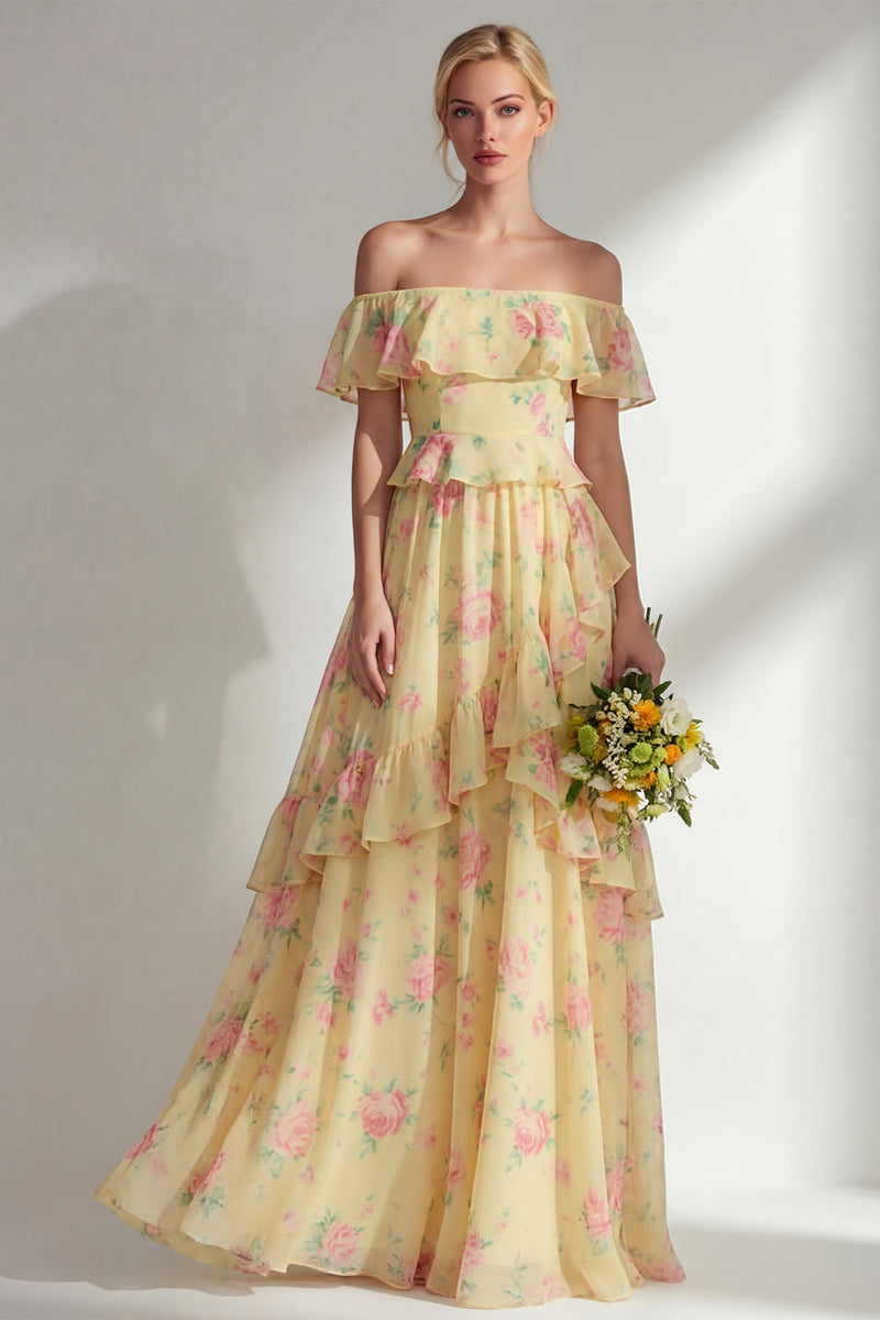 Laden Sie das Bild in den Galerie-Viewer, A-linienförmiges, gelbes, pinkes Chiffon-Chiffon-Brautjungfernkleid mit Rüschen