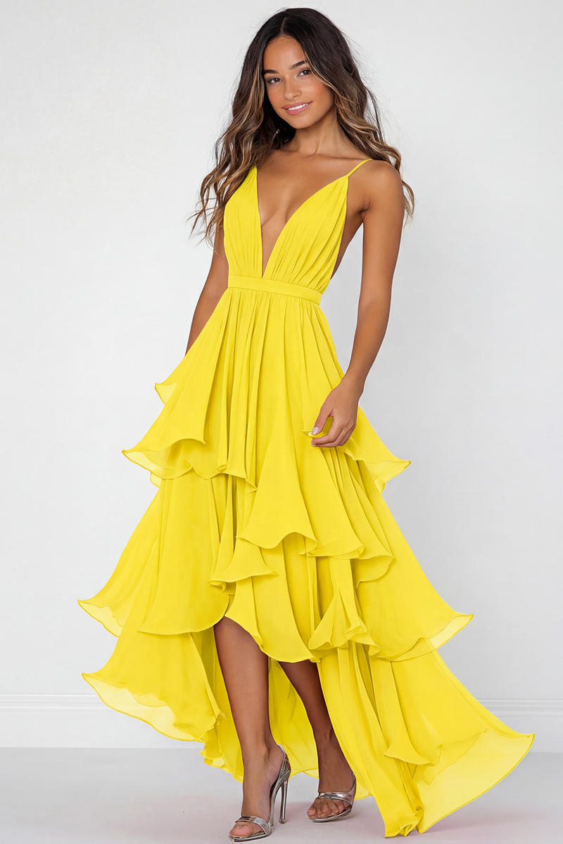 Laden Sie das Bild in den Galerie-Viewer, Rotes Gestuftes Ballkleid aus Chiffon mit Spaghettiträgern und Rüschen