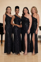 Laden Sie das Bild in den Galerie-Viewer, Glitzerndes Schwarzes Einschulteriges Meerjungfrauen Pailletten Chorkleid mit Schlitz