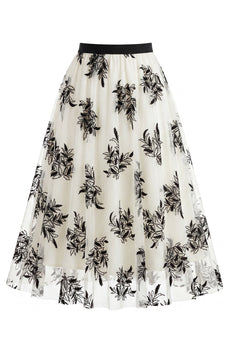 Damen-3D-Blumen-Mesh-Tüll-Midi-Rock – Hoch taillierter A-Linie Feen-Langrock