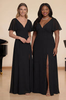 Laden Sie das Bild in den Galerie-Viewer, Schwarzes A-Linie Flatter Ärmel Langes Chiffon Chorkleid mit Schlitz