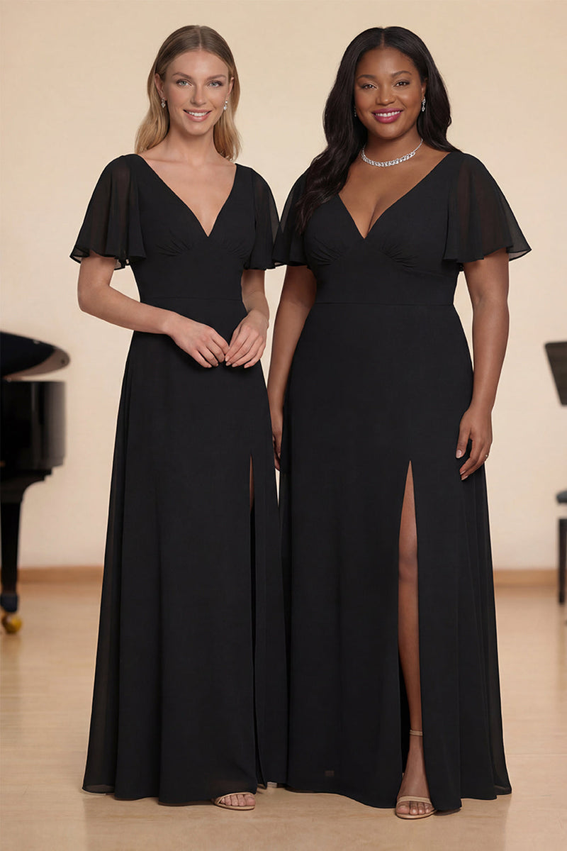 Laden Sie das Bild in den Galerie-Viewer, Schwarzes A-Linie Flatter Ärmel Langes Chiffon Chorkleid mit Schlitz