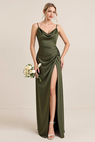 Olive Maxi Brautjungfernkleid aus Satin mit Schlitz