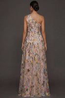 Laden Sie das Bild in den Galerie-Viewer, Blumen Mauve Einschulter A-Linie Langes Ballkleid mit Schlitz