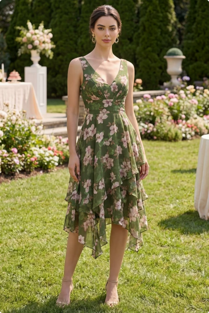 Laden Sie das Bild in den Galerie-Viewer, Dunkelgrünes Blumen-V-Ausschnitt mit gerafftem A-Linie asymmetrisches Midi-Kleid mit Rüschen
