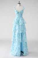 Laden Sie das Bild in den Galerie-Viewer, Blaues A-Linie Rüschenkorsett Langes Blumenkleid mit Schlitz